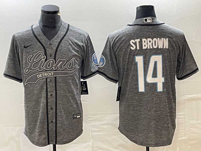 Men%27s Detroit Lions #14 Amon Ra St Brown Grey Gridiron With Patch Cool Base Baseball Limited Jersey